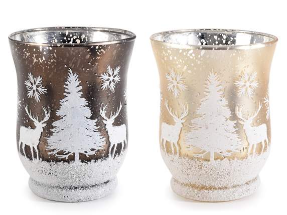 Glass candle holder with snowy landscape decorations