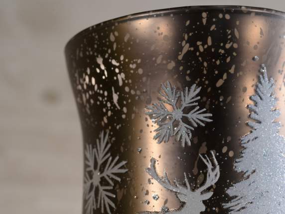 Glass candle holder with snowy landscape decorations
