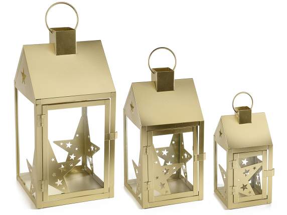 Set of 3 gold square base lanterns in metal with star