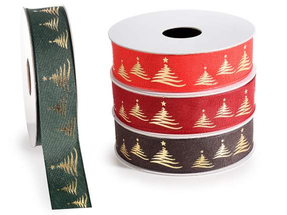 Fabric ribbon with golden Christmas tree print