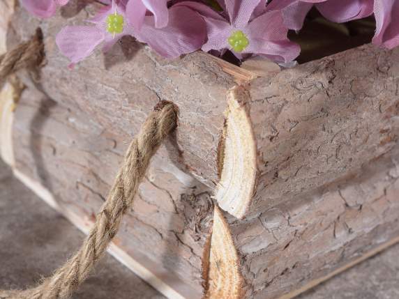 Vază-coș din lemn cu mânere de frânghie și căptușeală interi