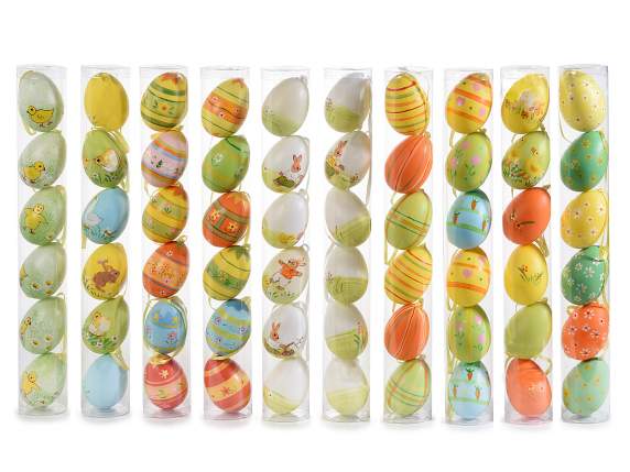 Set of 6 plastic hand painted eggs in pvc tube