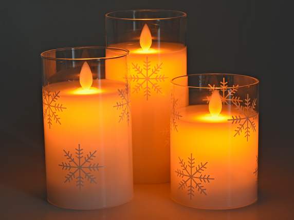 Set of 3 electronic wax candles, glass, moving LED flame