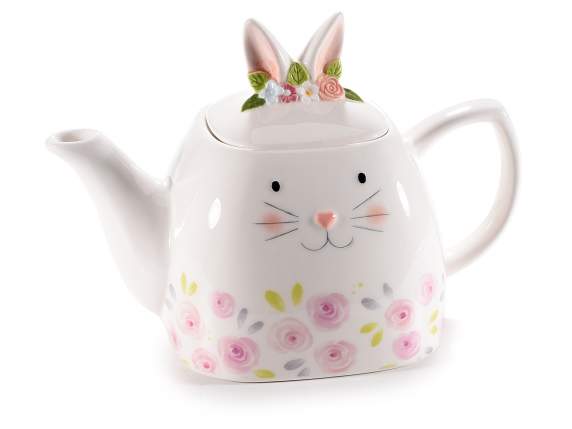 Ceainic din ceramică cu față de iepuraș și capac cu urechi