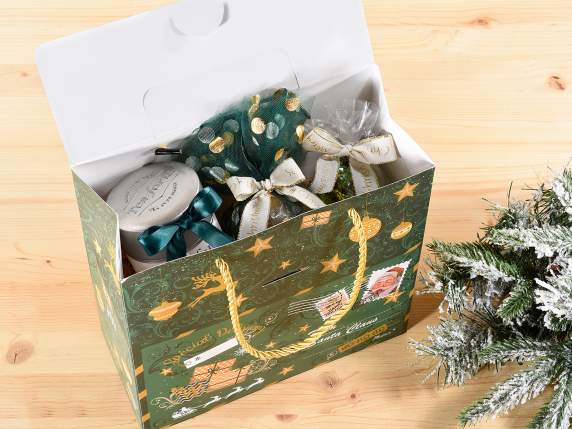Cutie de hârtie cu imprimeu de Crăciun și mânere de frânghie