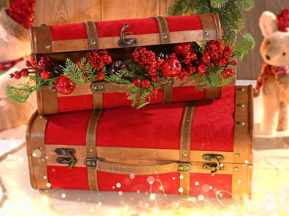 Set 2 valize decorative din lemn cu detalii din catifea rosi