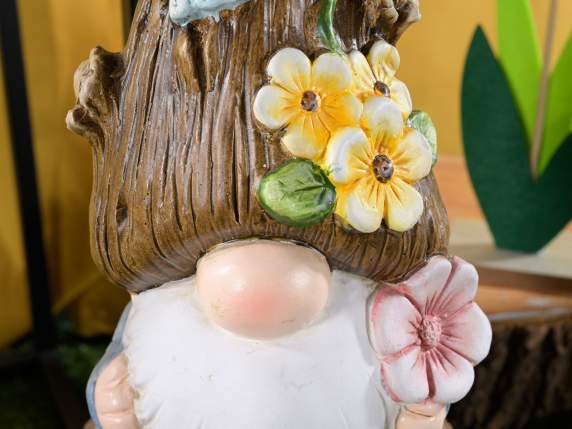 Gnome en terre cuite colorée avec chapeau tronc fleuri