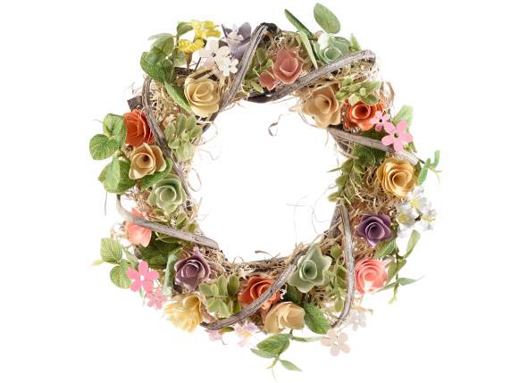 Wooden wreath with colorful flowers made of wood and fabric