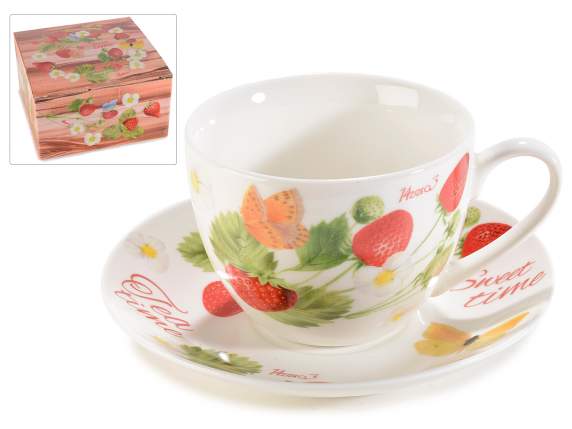 Strawberries porcelain teacup with saucer with gift box