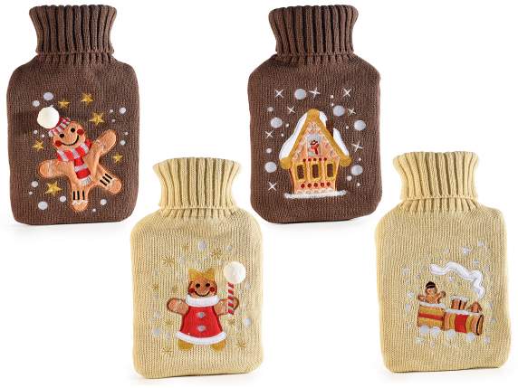 Hot water bottle with knitted cover decorated with biscuits