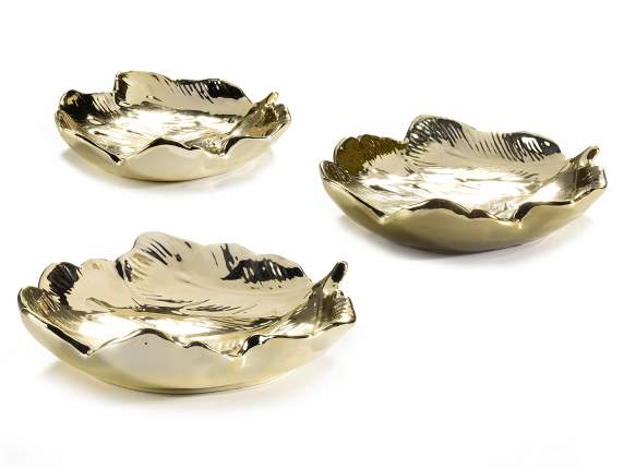 Set of 3 leaf-shaped golden porcelain decorative plates