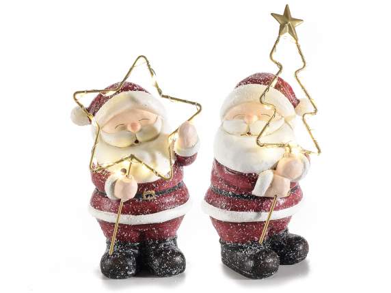 Babbo Natale in resina con stella-pino in metallo c-luci LED