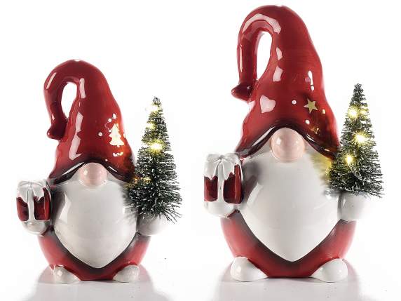 Set 2 Babbo Natale in porcellana con alberello e luci LED