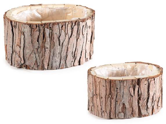 Set 2 cestini- vasi in legno naturale c-rivestimento interno
