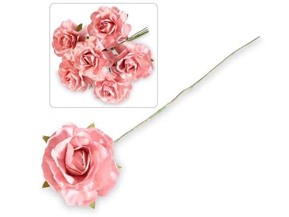 Rose artificielle en papier rose avec tige malléable