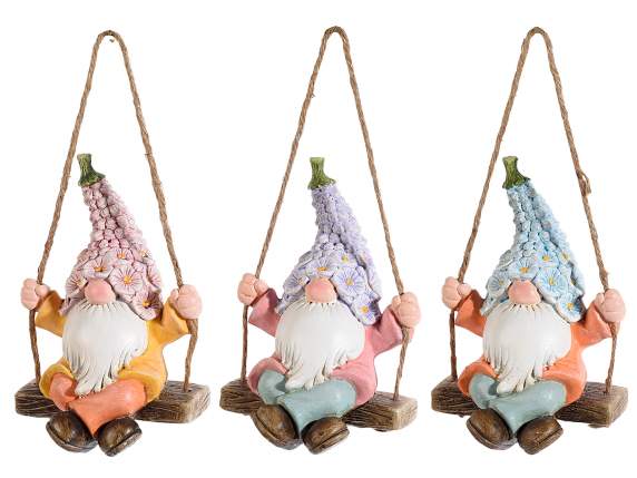 Decorative resin gnome on swing to hang