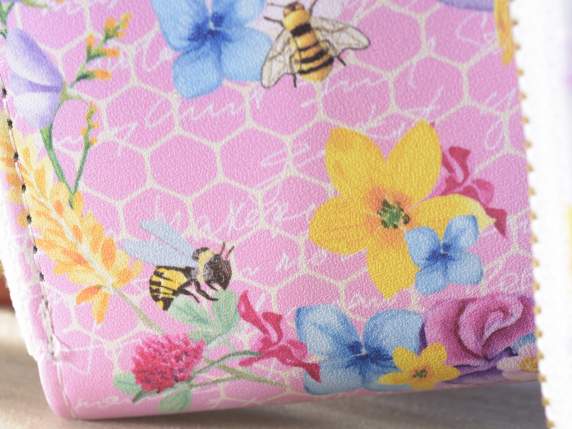 Womens leatherette wallet with zip Bee Honey print