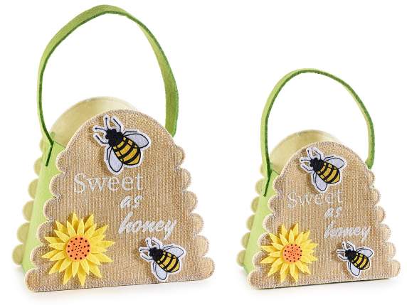 Set 2 borsette panno e juta c-decori api e fiore in rilievo