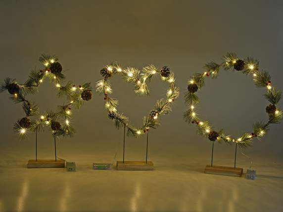 Decoro Natale metallo su base legno c-pino, pigne e luci LED