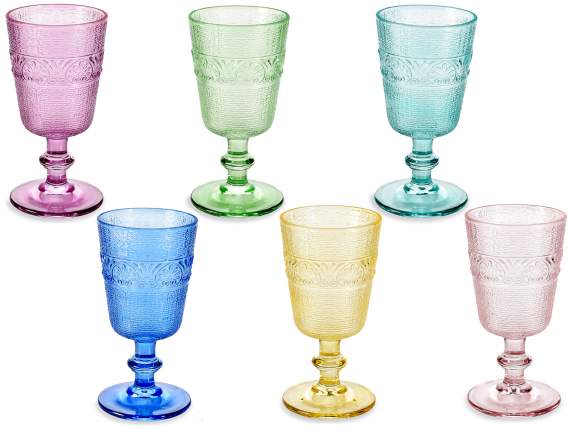 Bicchiere a calice in vetro lavorato e colorato