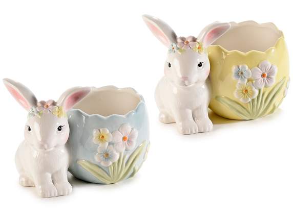 Vasetto in ceramica a uovo c-coniglietto e fiori in rilievo