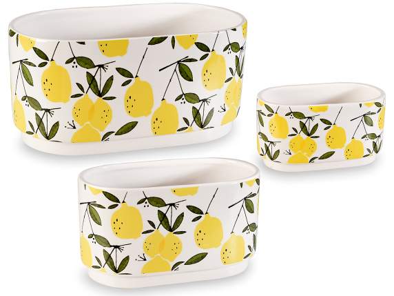Set 3 vasi ovali in ceramica con decorazione limoni