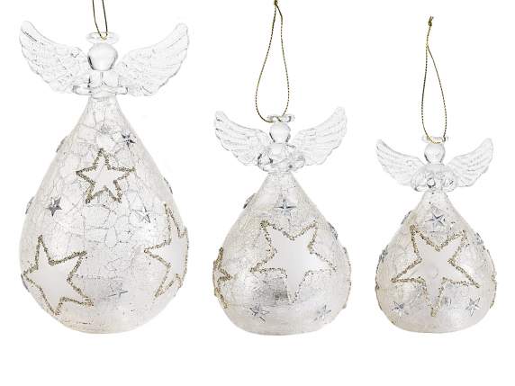 Set of 3 glass angels with LED light to hang or stand