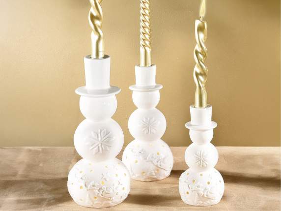 Set of 3 porcelain candle holder snowmen with LED lights