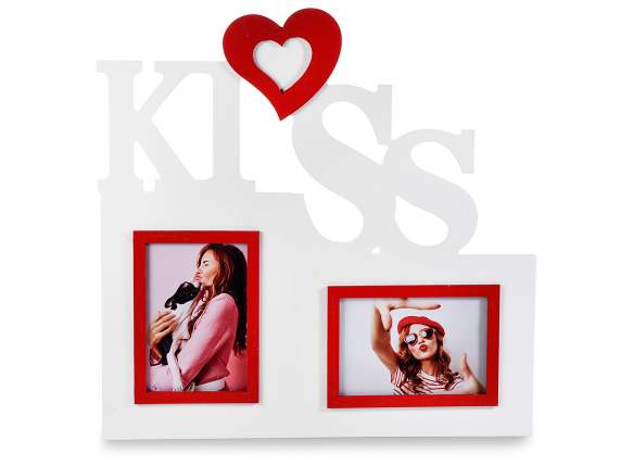 Portafotos doble de madera con escritura Kiss y corazón para