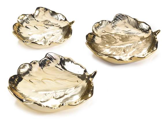 Set de 3 platos decorativos de porcelana dorada con forma de