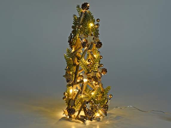 Árbol de Navidad con piñas, frutos de oro, estrellas y luces