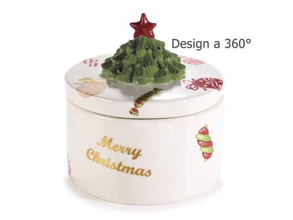 Decorated ceramic food jar with Christmas tree