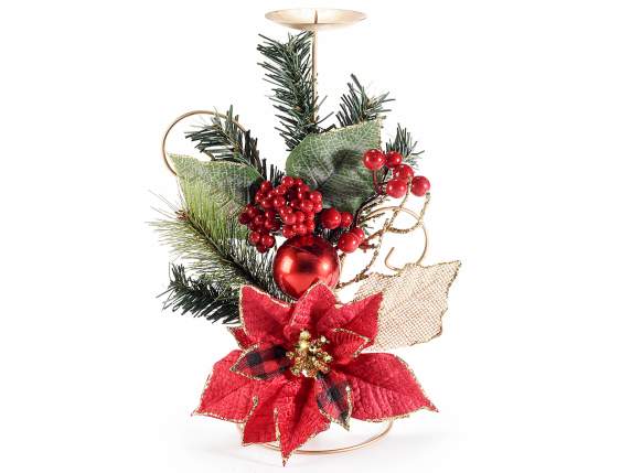 Metal candle holder w-Christmas star, berries and ball