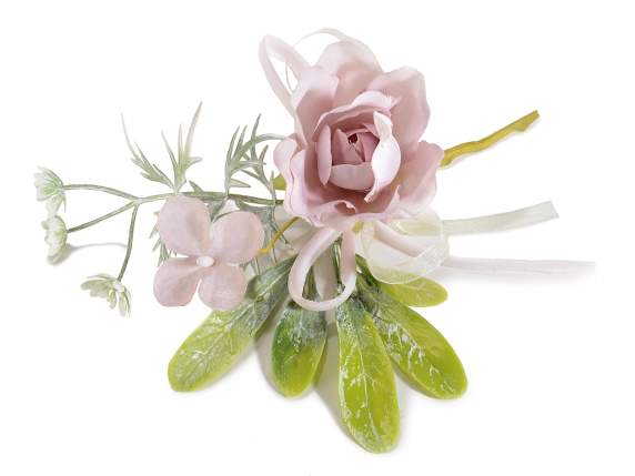 Trandafir artificial cu flori mici si panglica cu fundita