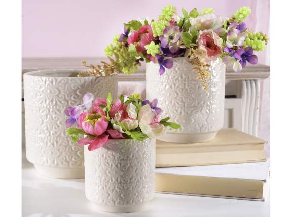 Set 3 vaze din portelan lucios cu decoratiuni in relief