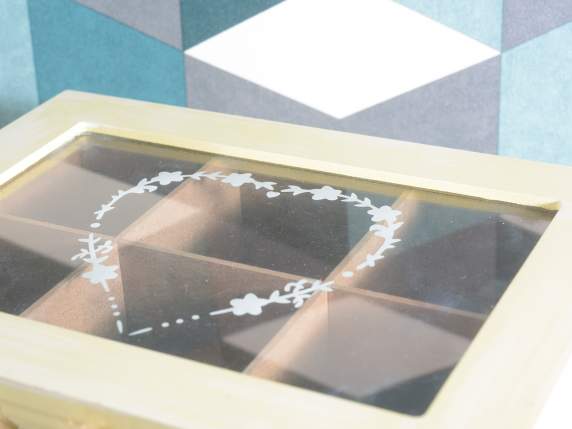 Caja de té-especias de vidrio de madera con colgante de cora