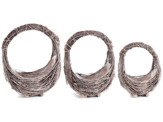 Set de 3 cestas de madera con asa y forro