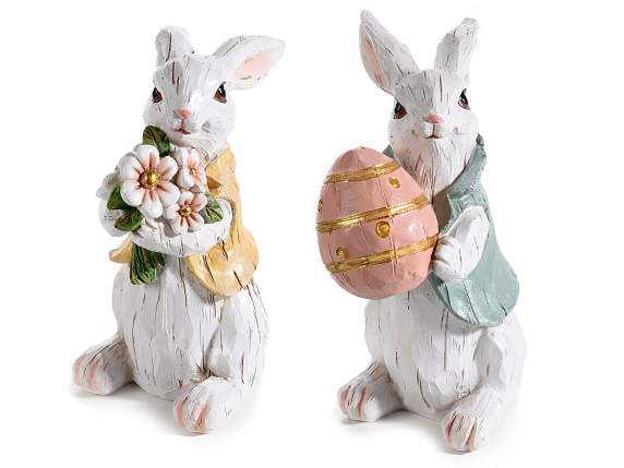 Conejo de Pascua blanco en resina efecto madera esculpida