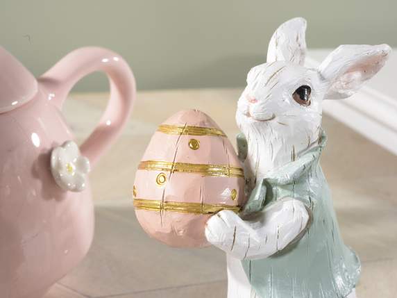 Conejo de Pascua blanco en resina efecto madera esculpida
