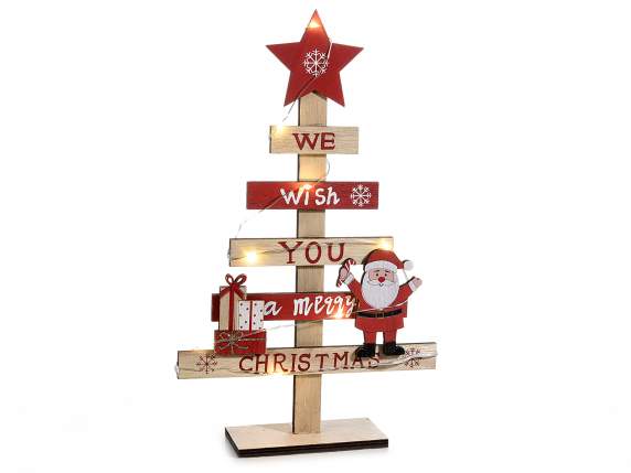 Sapin de Noël en bois avec inscriptions, décorations et lumi