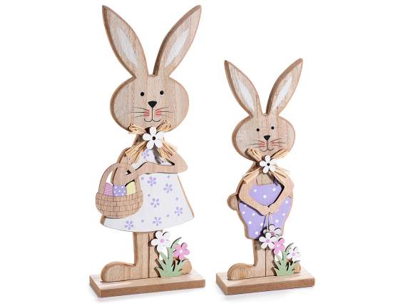 Lot de 2 lapins en bois avec décorations florales à poser de