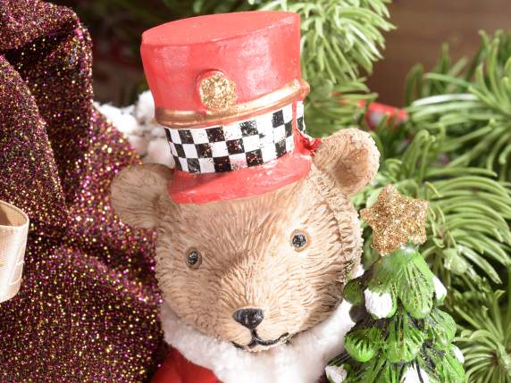 Ours en résine avec chapeau, tambour et sapin de Noël