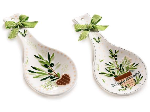 Repose-cuillère en céramique à décors en relief Olive