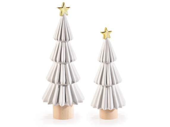 Set of 2 trees in glossy white porcelain with golden star