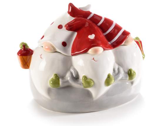 Ceramic food jar with trio of little gnomes