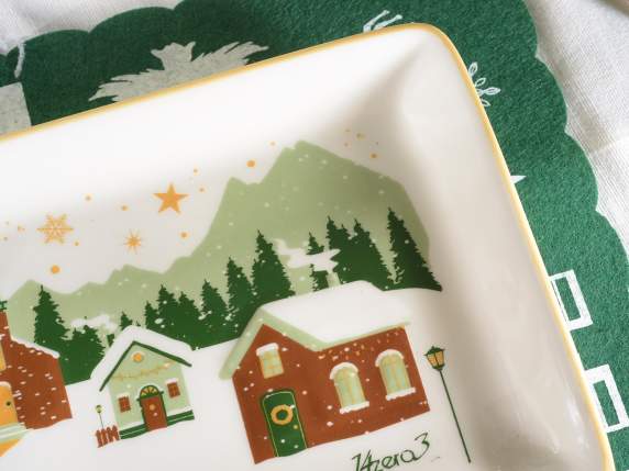 Glossy ceramic plate with Winter Village decoration