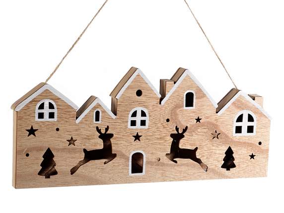 Wooden Christmas village with inlays and LED lights to hang