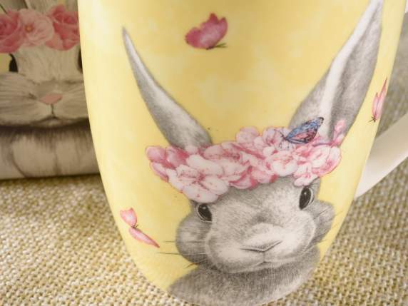 Porcelain mug with bunny and flowers in gift box