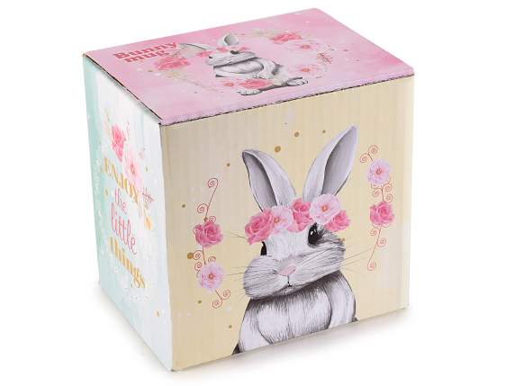 Porcelain mug with bunny and flowers in gift box