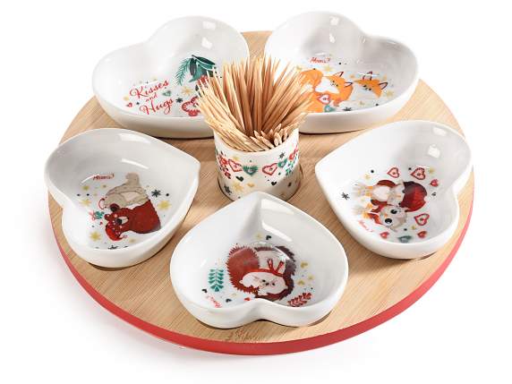 Aperitif set 6 porcelain cups on wooden tray